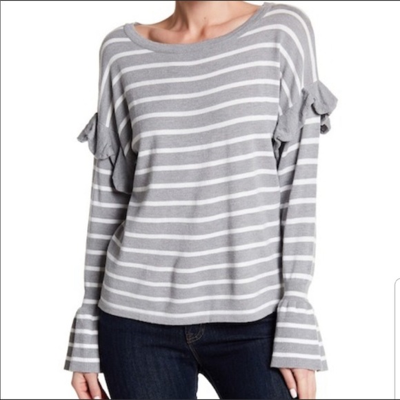 Cupio Tops - Cupio Ruffled Shoulder with Bell Sleeves Crop White and Gray Striped Knit Top